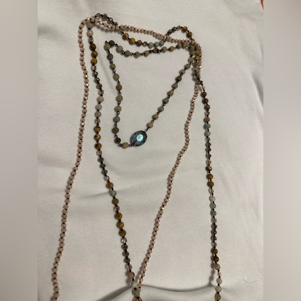 3 necklaces in blues creams and browns with crystals